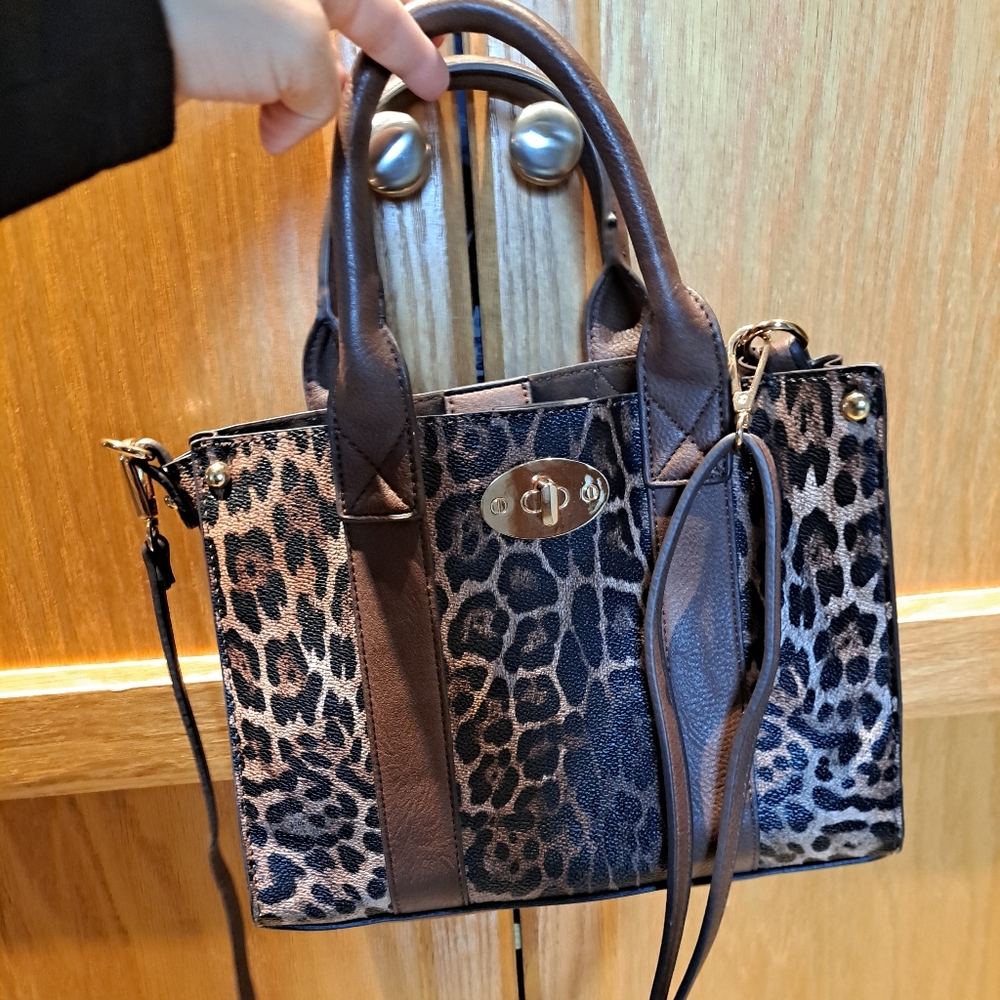 Leopard Print Brown Leather Women's Bag